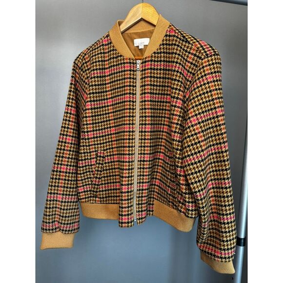 LOFT Vintage-Style Plaid Bomber Jacket with Pink Accents Retro Zip-Up Size L - Picture 2 of 3